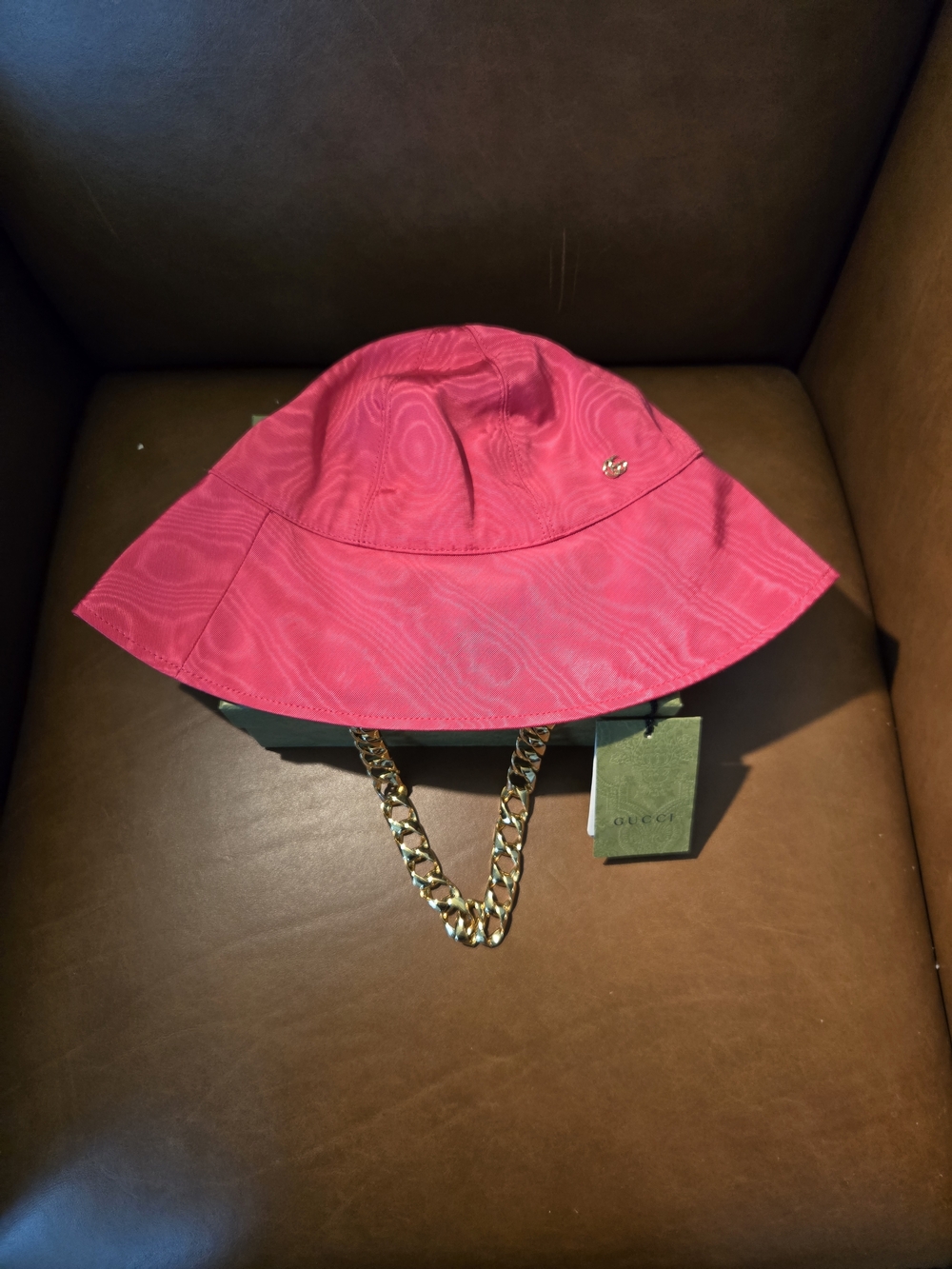 Gucci Hot Pink Bucket Hat with Gold Chain Trim